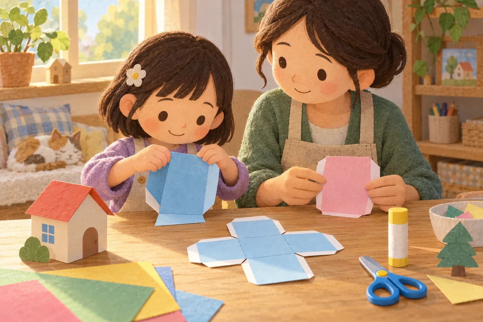 Un enfant et sa maman assemblent une petite maison en papier, avec un patron à grandes languettes posé sur la table.