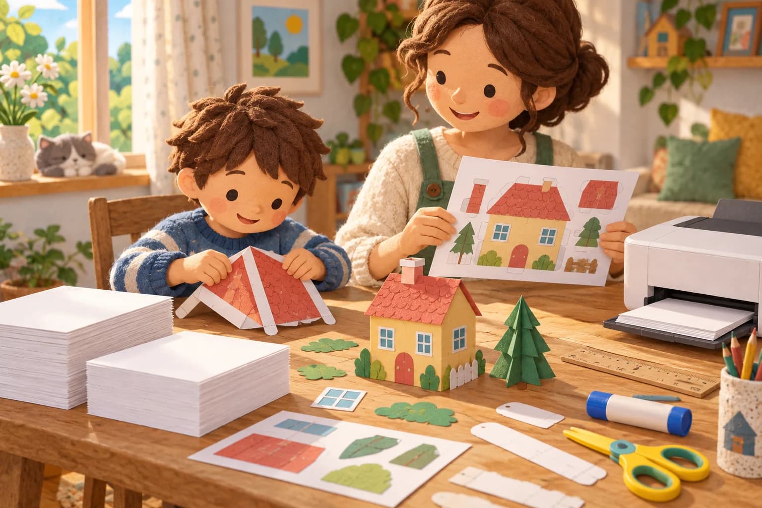 Un enfant et sa mère choisissent du papier et assemblent une maison miniature près d’une imprimante.