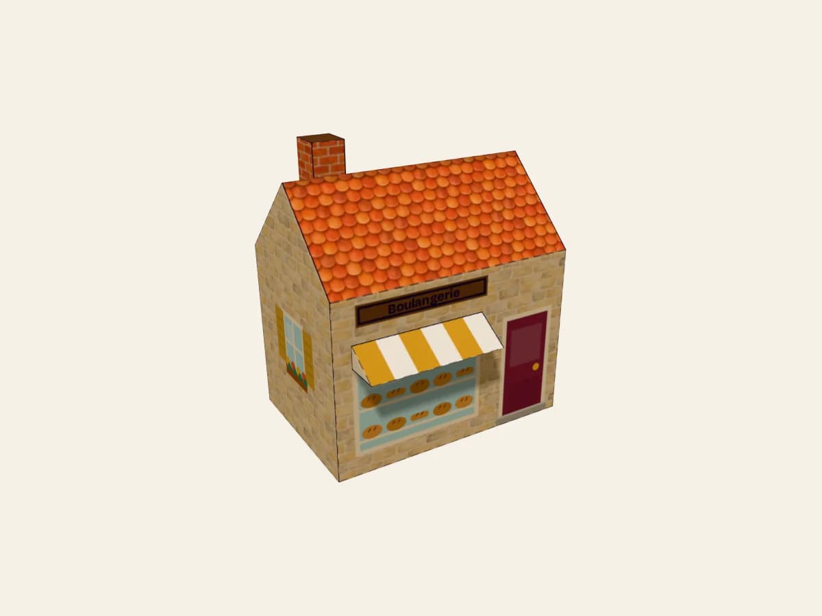 Boulangerie en papier montée, vue d’ensemble du module du village Pliorama