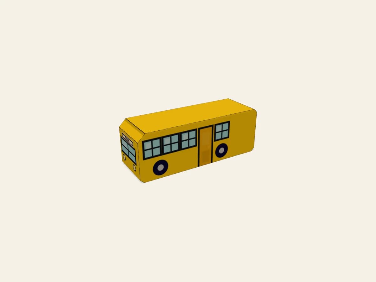 Bus en papier monté en volume, module du village Pliorama