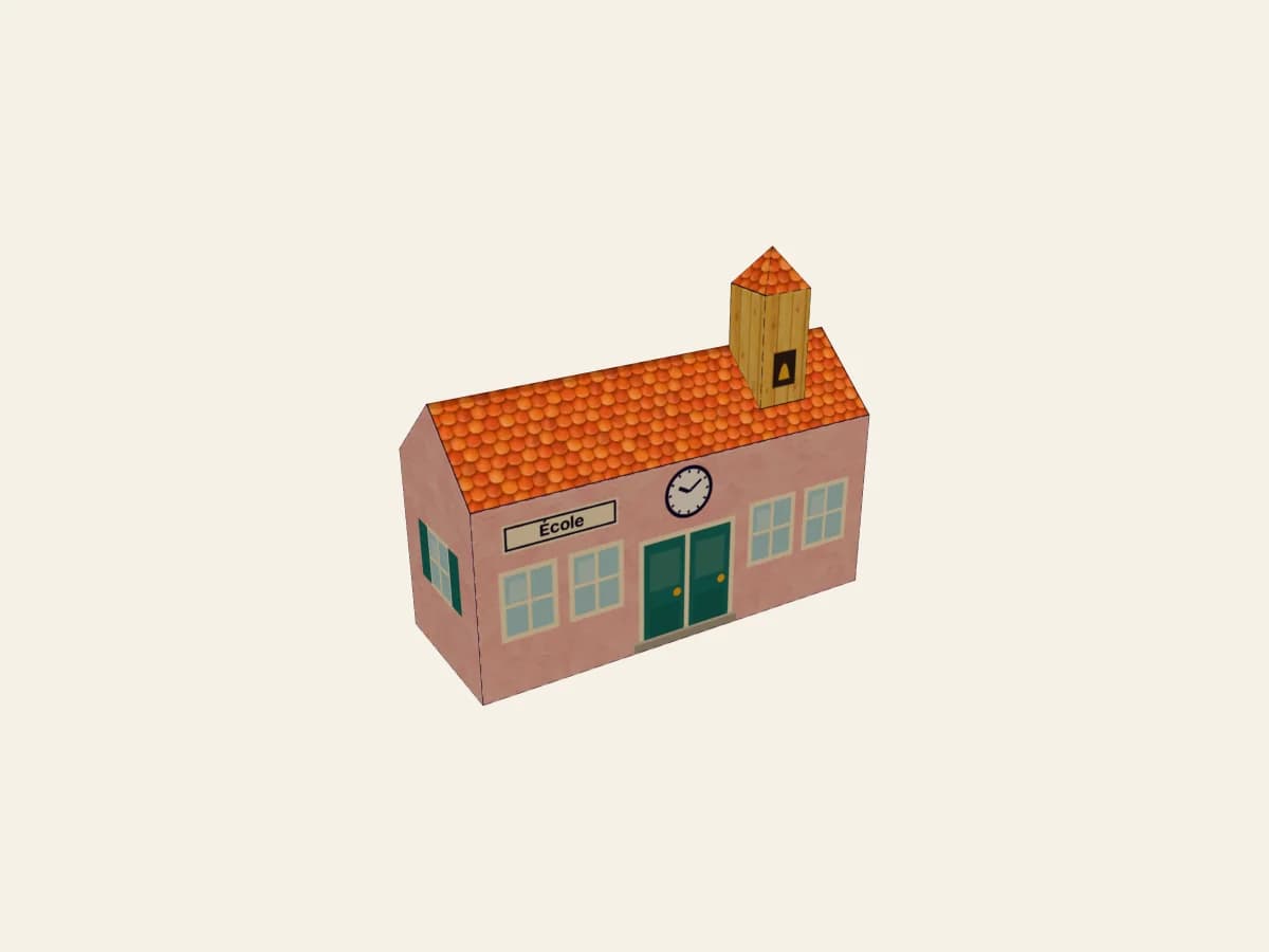 École en papier au décor de tuiles et de crépi rose