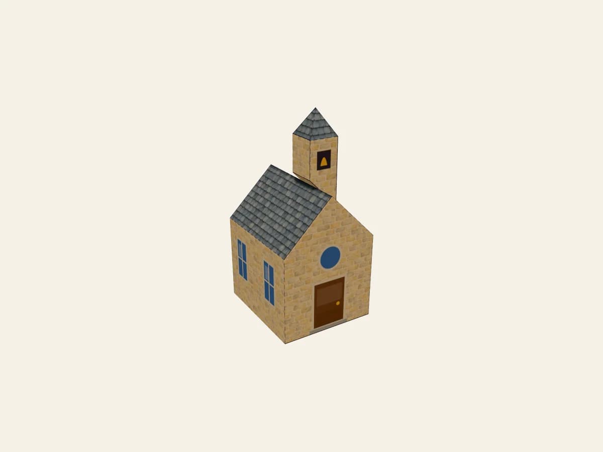 Petite église de village en papier avec un clocheton à horloge