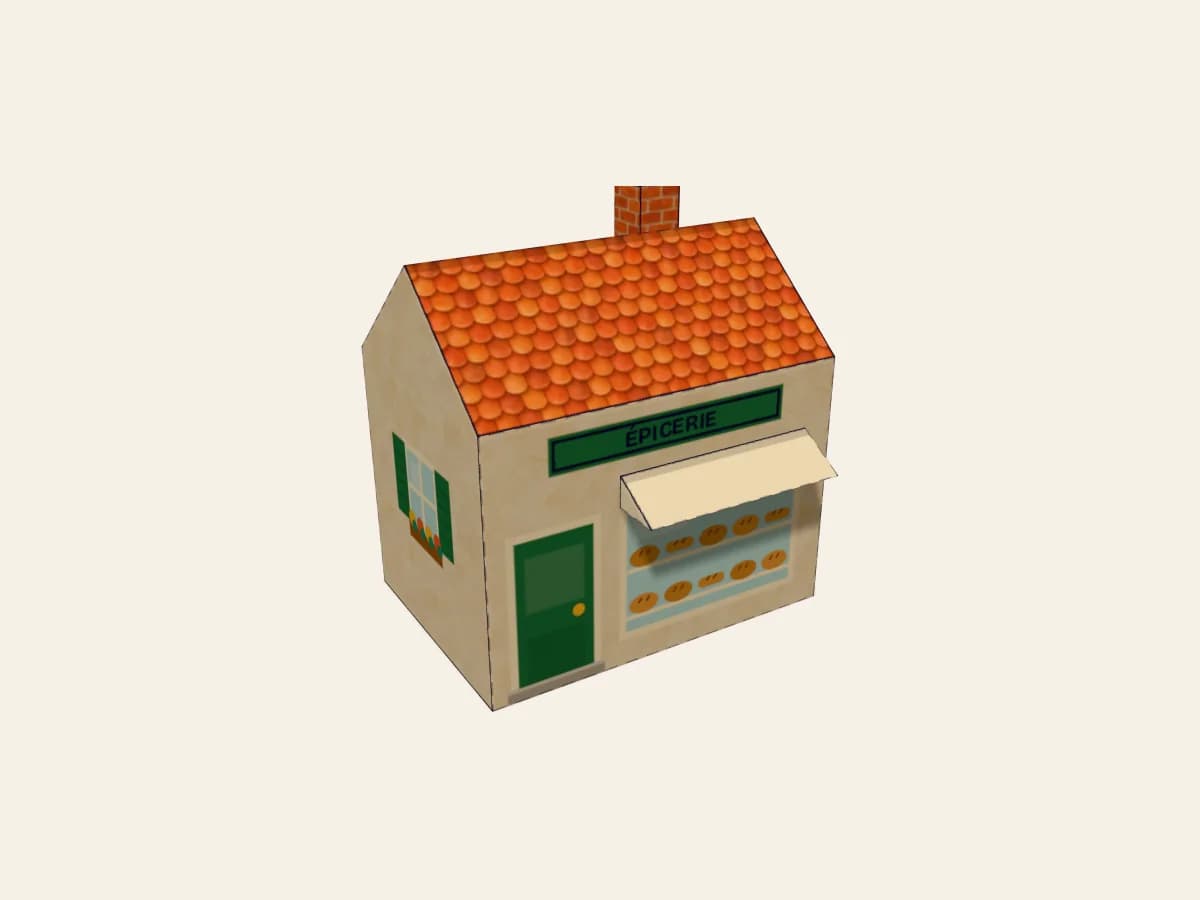Petite épicerie en papier montée, avec sa façade de magasin miniature