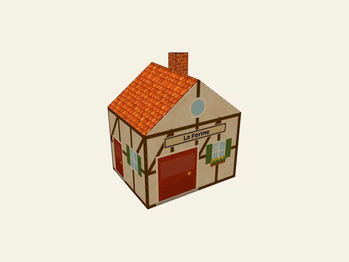 Ferme miniature en papier avec cheminée, crépi crème et toit imitant les tuiles