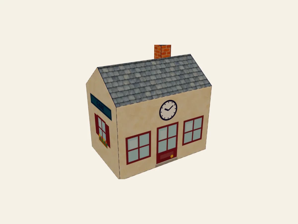 Gare miniature en papier avec cheminée, horloge et jardinières fleuries