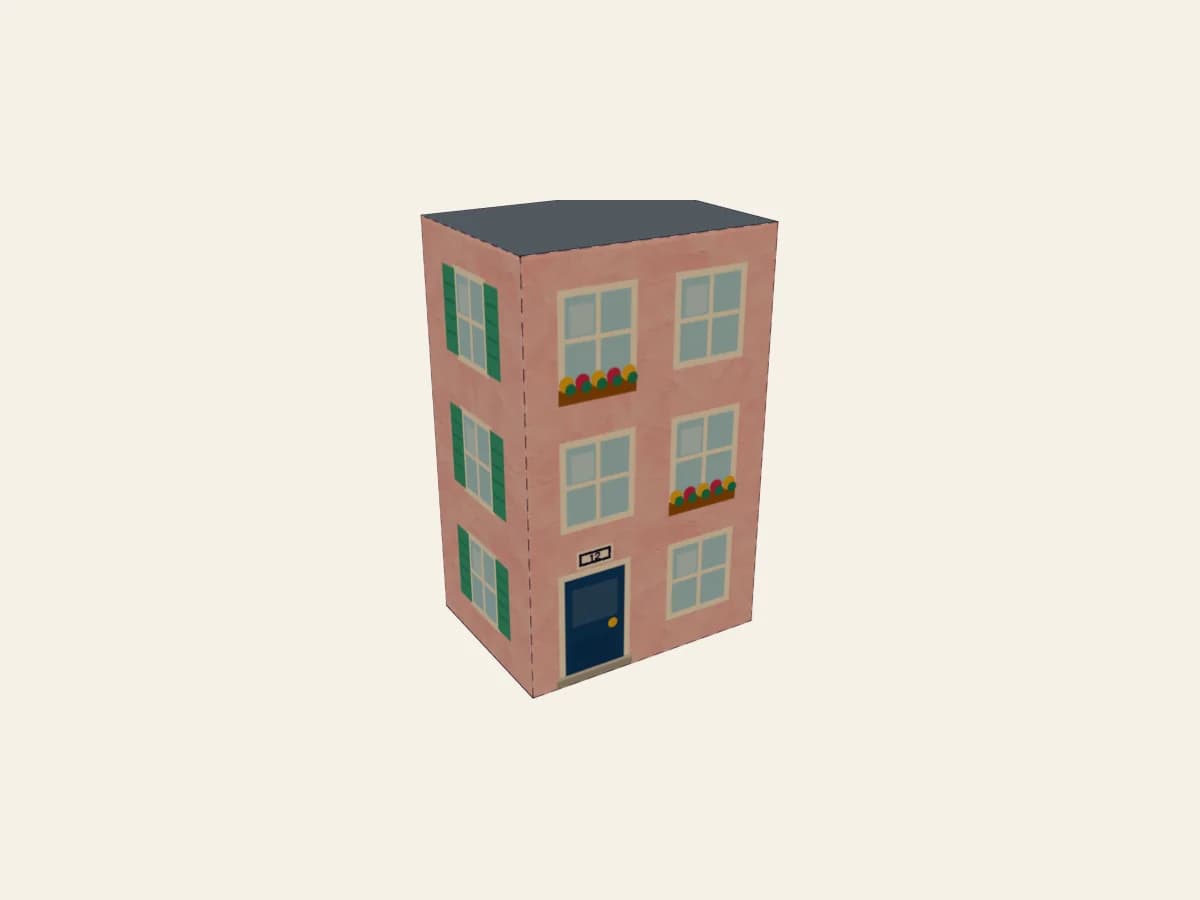 Petit immeuble en papier au crépi rose, avec fenêtres et porte