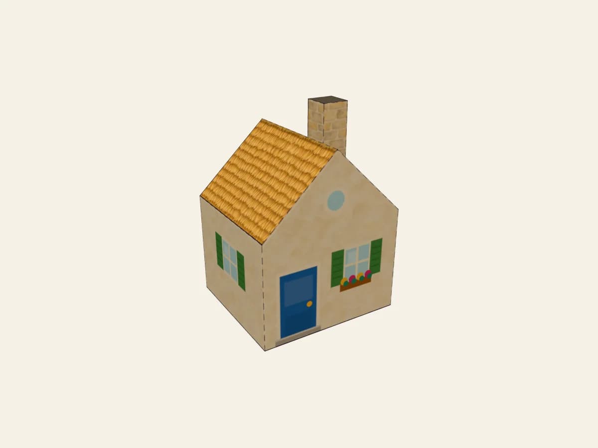 Chaumière miniature en papier montée, avec son toit et sa cheminée