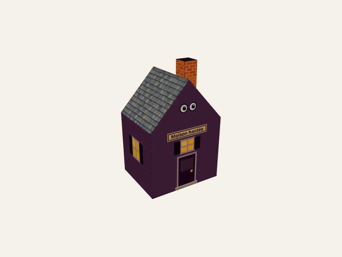 Maison hantée en papier présentée sous sa forme de maquette montée.