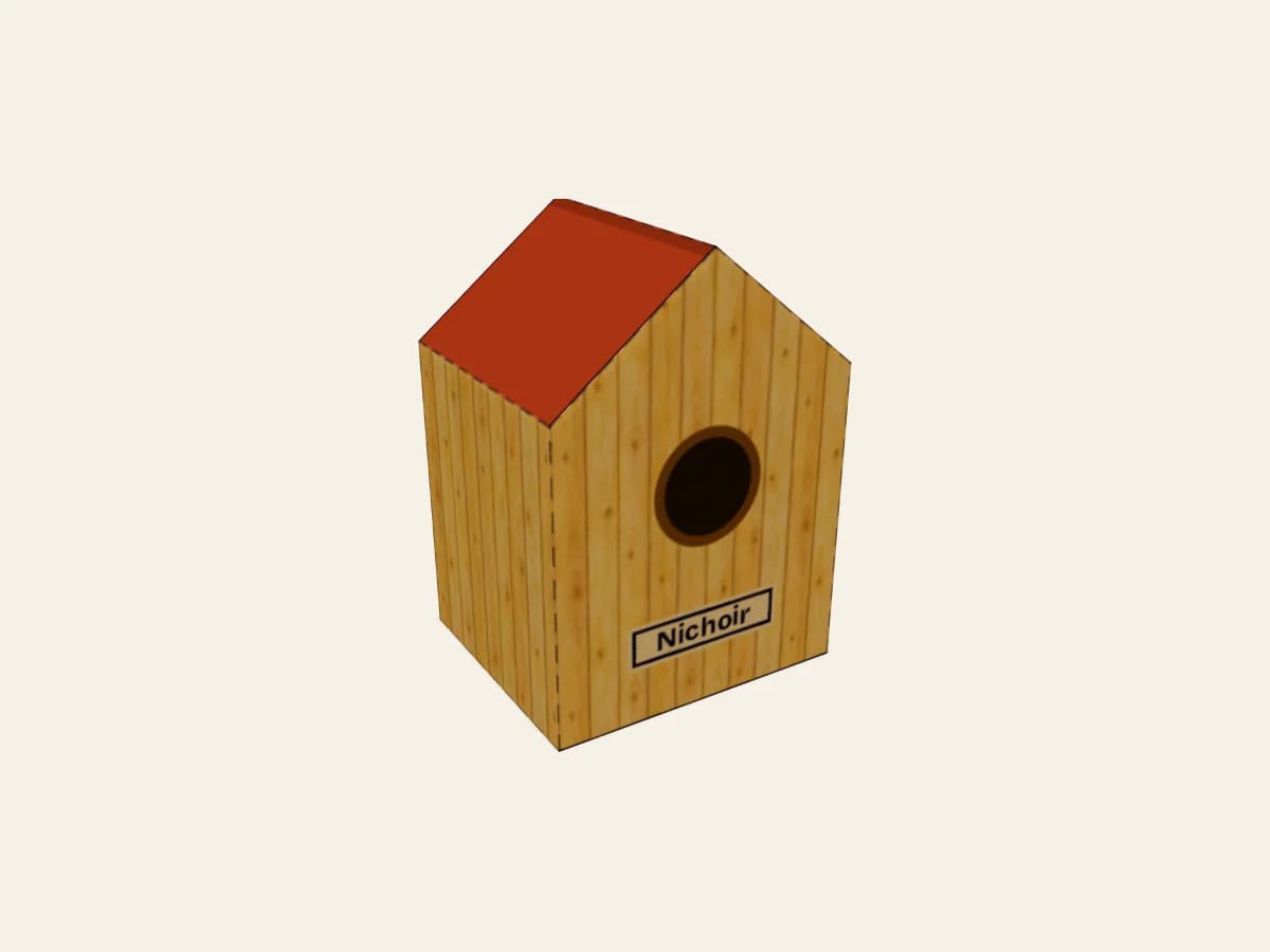 Nichoir miniature en papier, présenté sous sa forme montée et fermée