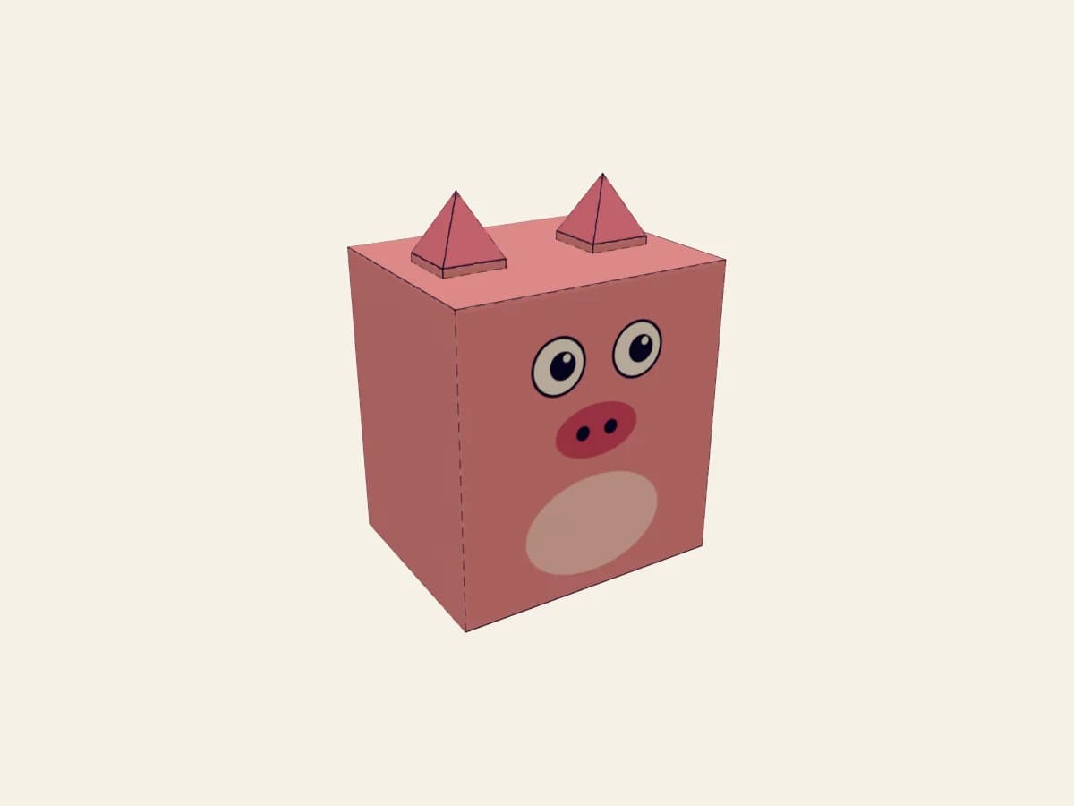 Paper toy cochon en papier assemblé, avec son corps et ses deux oreilles
