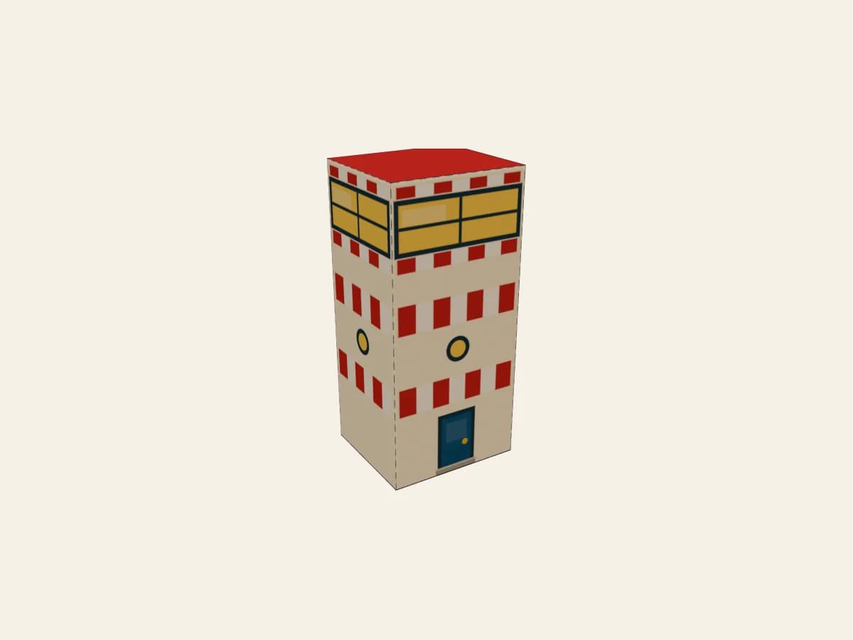 Petit phare en papier avec toiles rayées, œils-de-bœuf, vitres et porte.