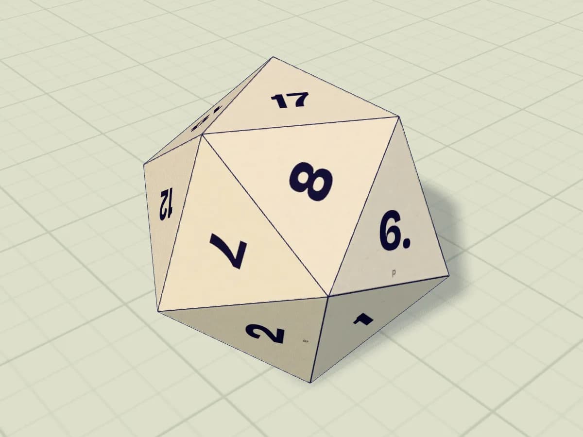 Dé en papier assemblé, composé de vingt faces triangulaires numérotées