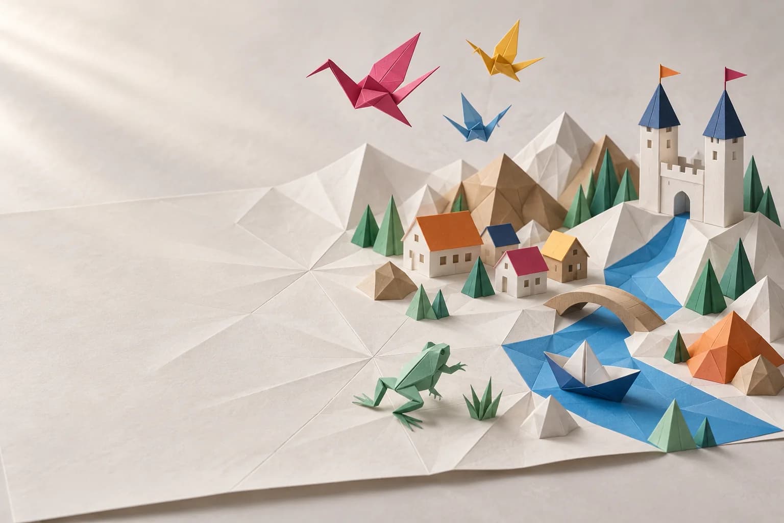Une grande feuille posée sur une table devient un petit monde de papier : grues, maisons, rivière et bateau.