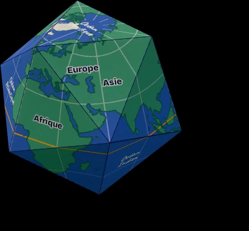 Icosaèdre en papier décoré en globe terrestre, posé sur une face.